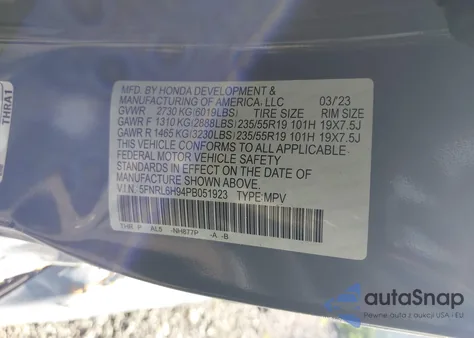 2023 Honda Odyssey Elite из США, поврежденный, VIN 5FNRL6H94PB051923